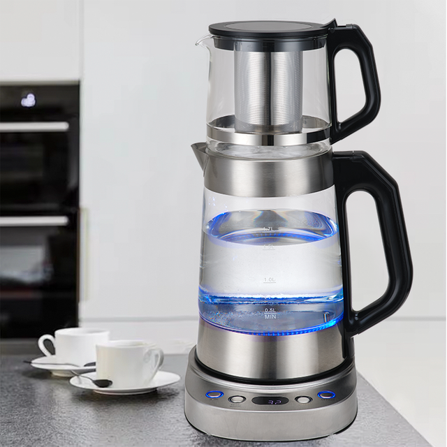 YUEKON Thiết Kế Đôi Kính Ấm Siêu Tốc Công Tắc Tự Động Điều Khiển Nhiệt Độ 2 Trong 1 Thổ Nhĩ Kỳ Máy Pha Trà Điện Samovar