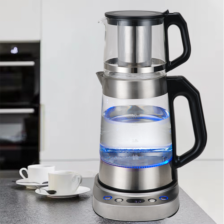 YUEKON Thiết Kế Đôi Kính Ấm Siêu Tốc Công Tắc Tự Động Điều Khiển Nhiệt Độ 2 Trong 1 Thổ Nhĩ Kỳ Máy Pha Trà Điện Samovar