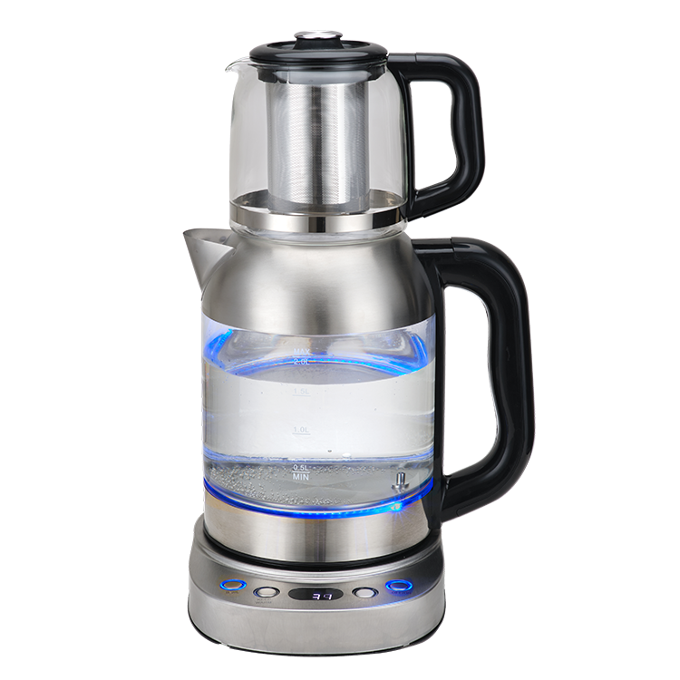 Ấm Trà Thủy Tinh Thổ Nhĩ Kỳ 2 Trong 1 Samovar Đôi Ấm Trà 1850W 2.0L Thép Trong Suốt Cao Cấp Thủy Tinh Borosilicate Không Dây Ấm Đun Nước Điện