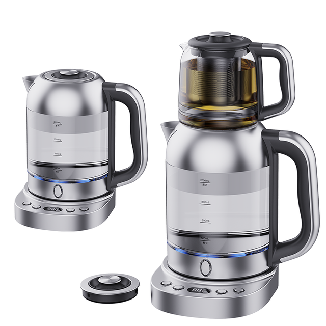 Ấm Trà Thủy Tinh Thổ Nhĩ Kỳ 2 Trong 1 Samovar Đôi Ấm Trà 1850W 2.0L Thép Trong Suốt Cao Cấp Thủy Tinh Borosilicate Không Dây Ấm Đun Nước Điện