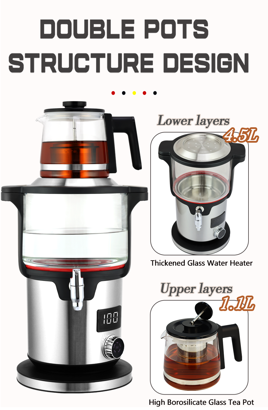 Thiết bị điện và gia dụng 4.5L +1.1L Máy pha trà đôi điện kỹ thuật số Samovar Nga với ấm trà thủy tinh