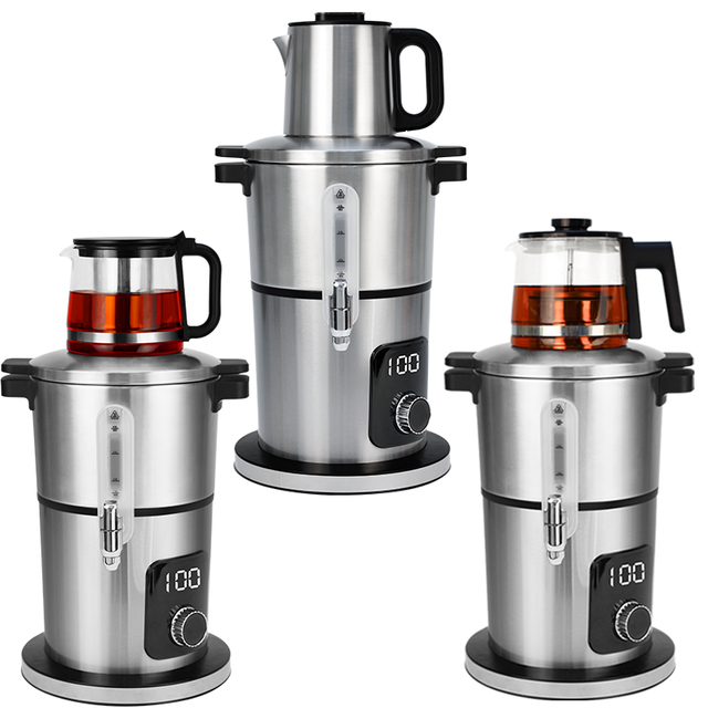 Thiết Bị Gia Dụng Hai Lớp Thép Không Gỉ Ấm Điện Tự Động Pha Trà Ba Tư Samovar Trà 2 Trong 1 Bạc Samovar