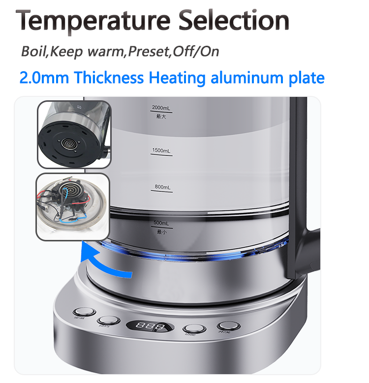Phổ Biến 2.0L Nga Ấm Siêu Tốc Nước Thủy Tinh Đôi Trà Kỹ Thuật Số CB CE Thổ Nhĩ Kỳ Ấm ​​Trà Điện Trà Ấm Siêu Tốc Với Pha 