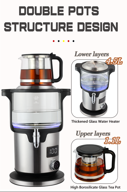 CE/CB Phê Duyệt Dung Tích 5.6L Lớn Samovar Cao Boron Ấm Trà Thủy Tinh Giữ Ấm Chức Năng Đôi Nồi Hơi Nồi Thổ Nhĩ Kỳ Làm Trà ấm Siêu Tốc