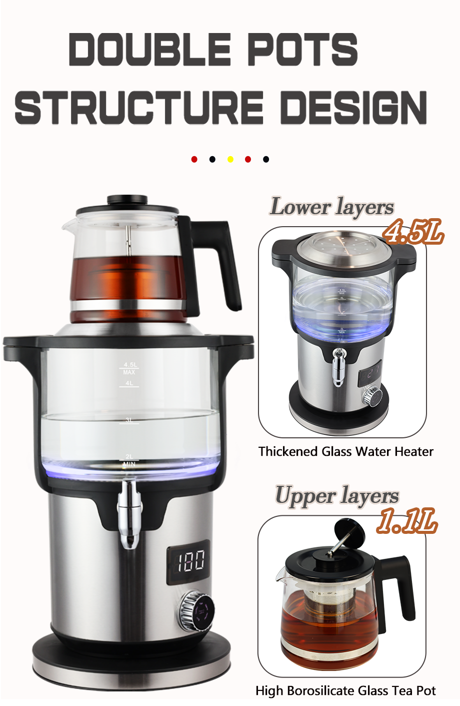 4.5 + 1.1L Thông Minh 2 Lớp Pha Trà Máy 2000W Hộ Gia Đình Núm Thổ Nhĩ Kỳ Trà Ấm Siêu Tốc Điện Không Dây Ấm Đun Nước Cho nước Sôi