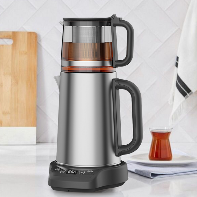 Đến mới 1500W 304 Thép không gỉ Thủy tinh Thổ Nhĩ Kỳ Kettle 2 In1 Samovar Tea Maker Machine với cơ sở màn hình cảm ứng