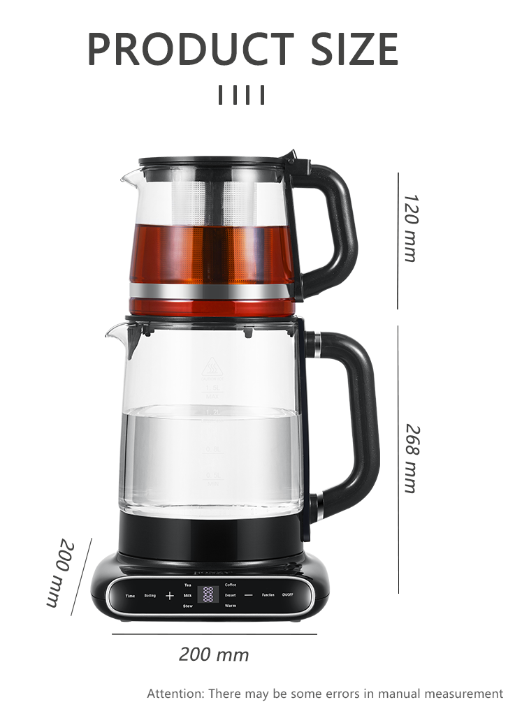 Đế xoay 360 Ấm đun nước điện thủy tinh 1.5l + 1.1l Ấm đun nước điện kiểu Thổ Nhĩ Kỳ kiểu Nga Samovar 
