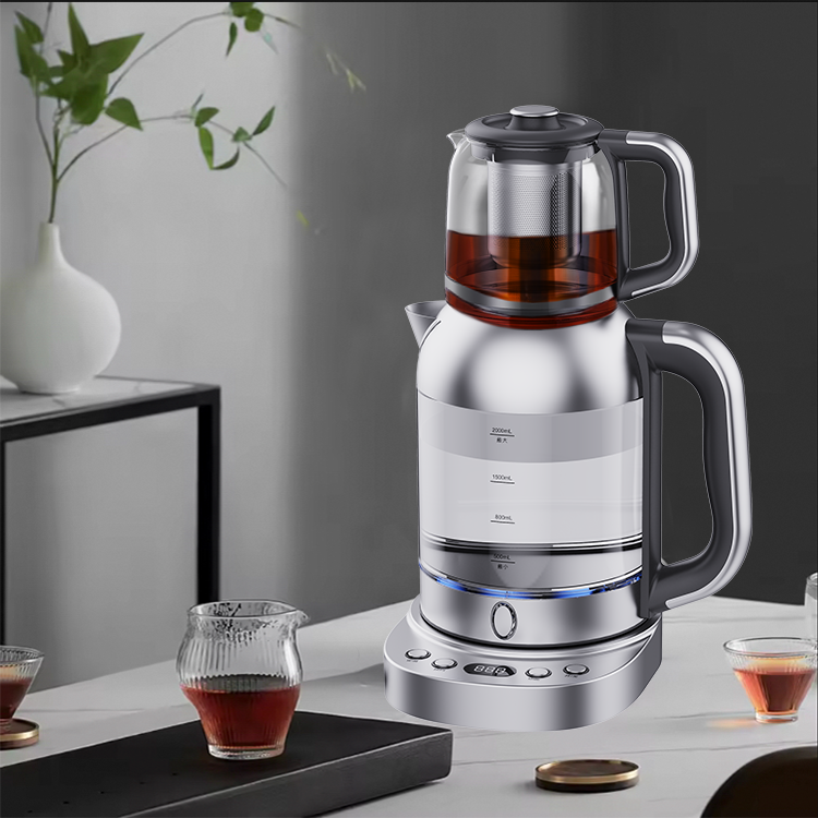 2 in1 Máy Pha Trà Điện Đôi Kính Ấm Siêu Tốc Samovar Thổ Nhĩ Kỳ 2.0L Kính Thông Minh Điện Có Chức Năng Giữ Ấm Cho Nhà Bếp