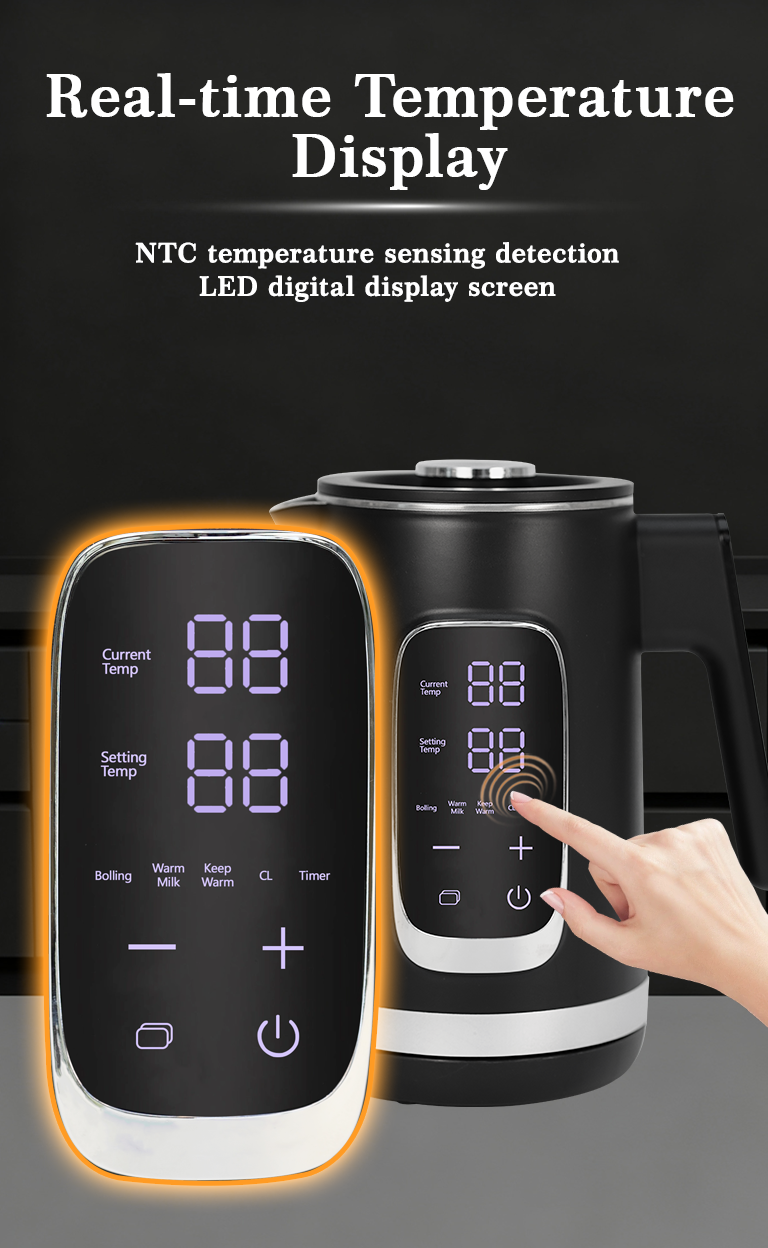 Nhà máy OEM 1500W Ấm đun nước sôi công suất cao bằng thép không gỉ Ấm đun nước điện điều khiển kỹ thuật số màu đen có bảo vệ chống sôi khô