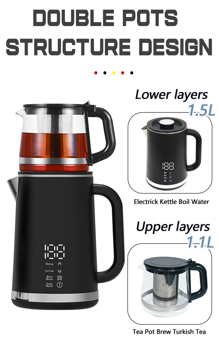 Thiết bị nhà bếp 1.5L Ấm+1.1L Teapot Double Electric Tea Maker Điều khiển nhiệt độ Kính hiển thị kỹ thuật số cho Tea High Tea cao