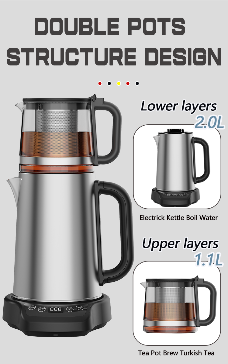 Đến mới 1500W 304 Thép không gỉ Thủy tinh Thổ Nhĩ Kỳ Kettle 2 In1 Samovar Tea Maker Machine với cơ sở màn hình cảm ứng