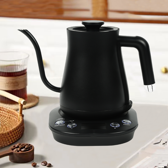 YUEKON Nhà sản xuất Logo tùy chỉnh Ấm trà bằng thép không gỉ màu đen Ấm đun nước điện cổ ngỗng kỹ thuật số