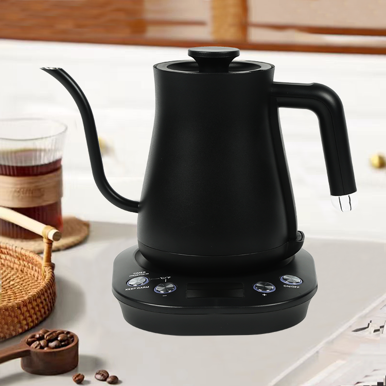 YUEKON Nhà sản xuất Logo tùy chỉnh Ấm trà bằng thép không gỉ màu đen Ấm đun nước điện cổ ngỗng kỹ thuật số