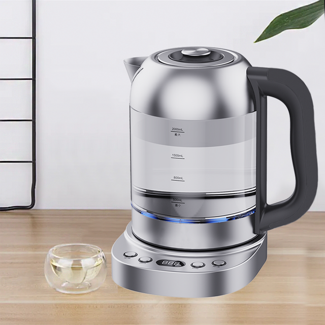 Ấm đun nước điện không dây 2.0l Bình thủy tinh Borosilicate cao có điều khiển kỹ thuật số trên đế 360 Rorate Ấm đun nước điện thủy tinh thông minh