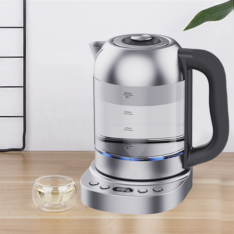 Ấm đun nước điện không dây 2.0l Bình thủy tinh Borosilicate cao có điều khiển kỹ thuật số trên đế 360 Rorate Ấm đun nước điện thủy tinh thông minh